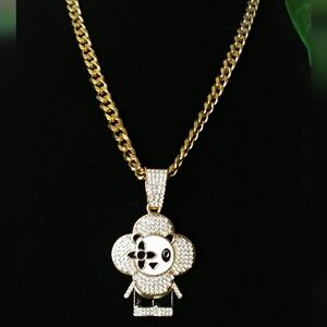 Gold and Black Panda Pendant Necklace On Gold Cuban